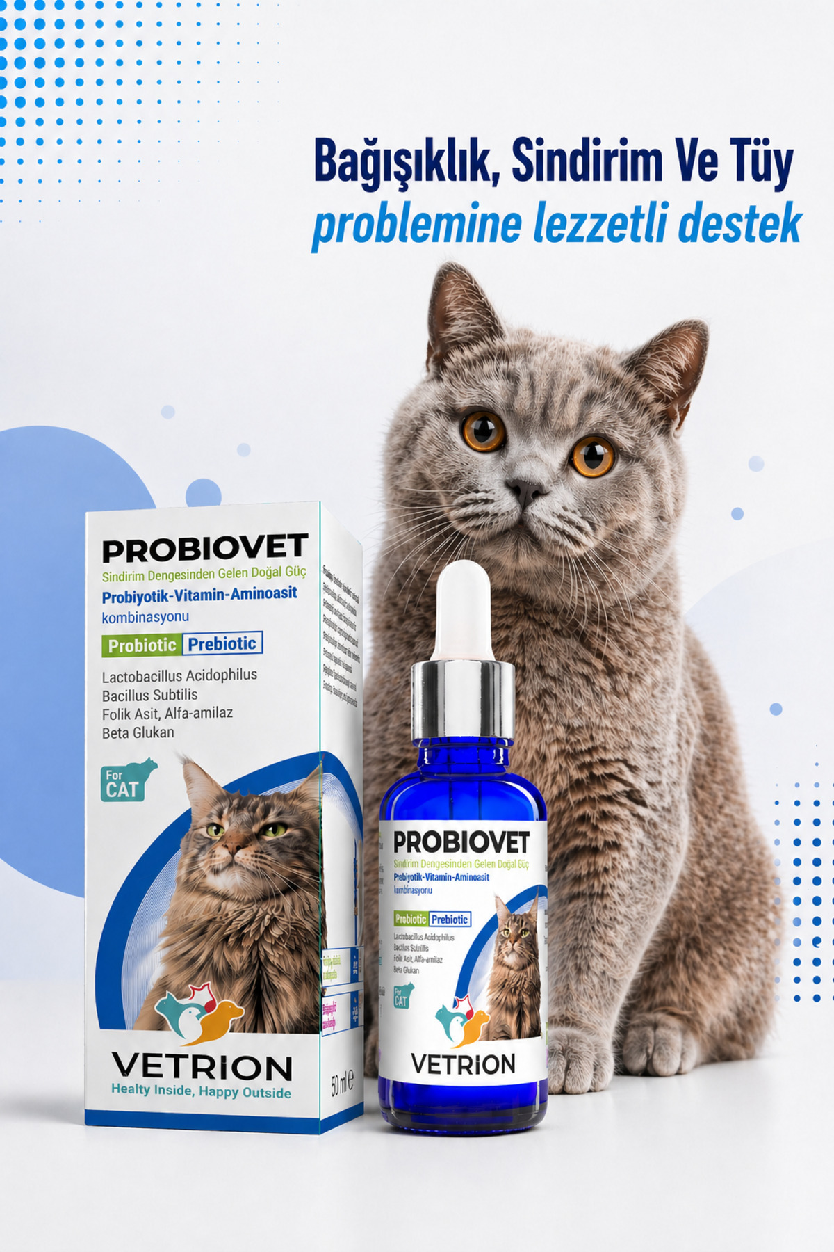 Vetrion Pharma Hızlı etkili Kedi Probiyotik 50 ml | Tüy Sağlığı | Sindirim ve Bağırsak Desteği | Probiovet Vetrion