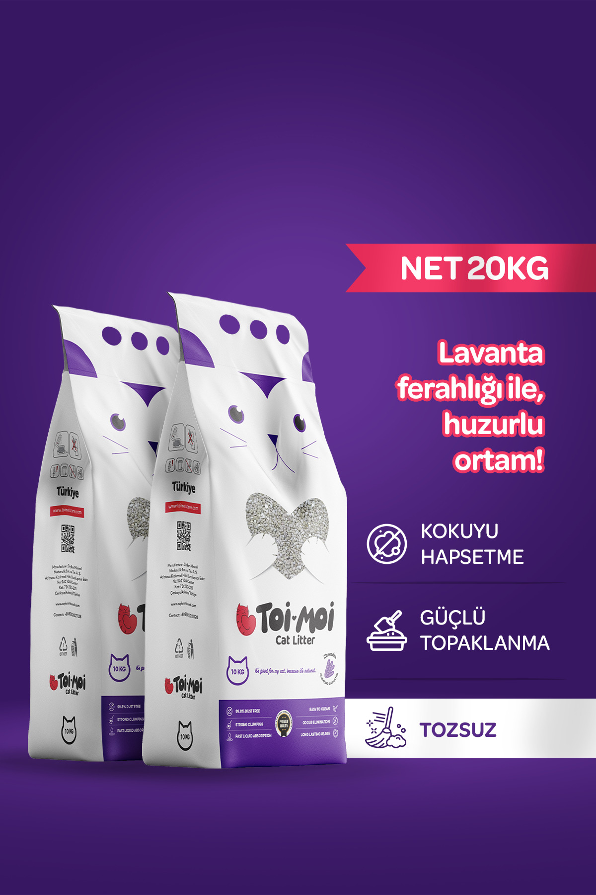 Toi Moi 2'li Avantaj Paketi Topaklanan, Tozsuz, Koku Hapseden Lavantalı Bentonit Kedi Kumu 2x10Kg