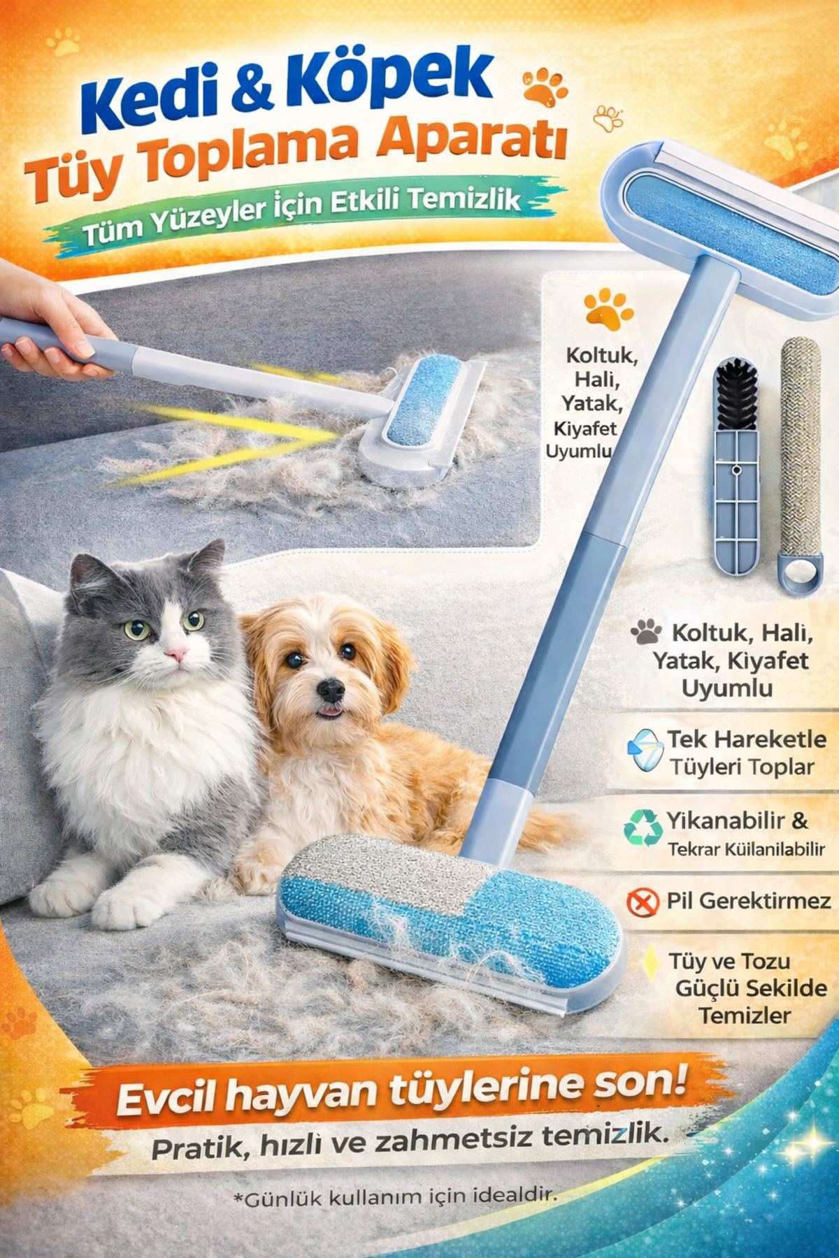 BATBAT Kedi Köpek Tüy Temizleyici Fırça Çok Amaçlı Koltuk Halı Cam Sil Tüy Alıcı 4'ü 1 Arada Tüy Toplayıcı