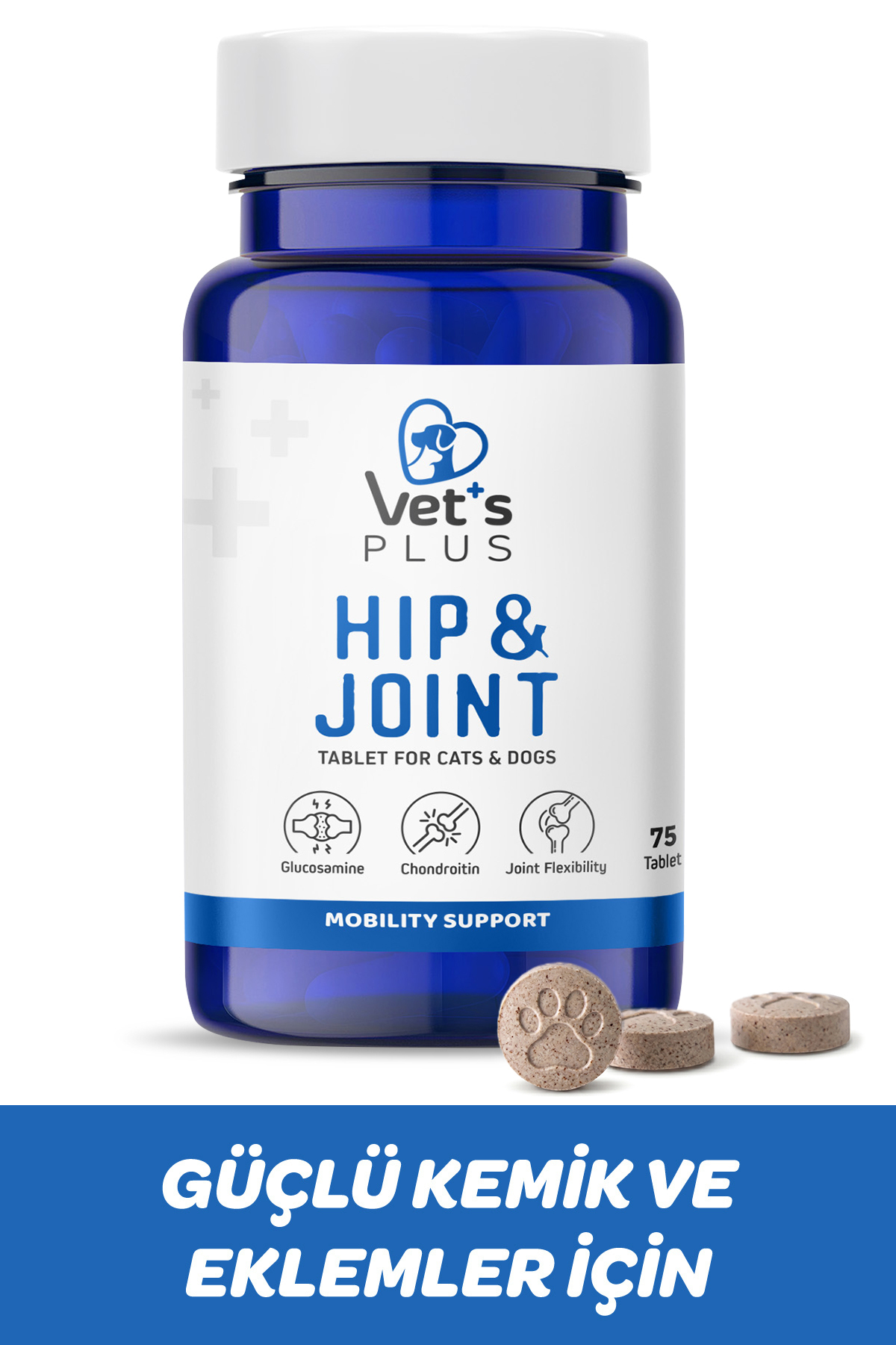 Vet's Plus Hip&joint Glukozamin Tablet 75'li (Eklem ve Kemik Yapısı Sağlığı Desteği, Kedi ve Köpekler için)