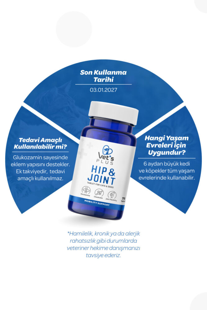 Vet's Plus Hip&joint Glukozamin Tablet 75'li (Eklem ve Kemik Yapısı Sağlığı Desteği, Kedi ve Köpekler için) - Görsel 2