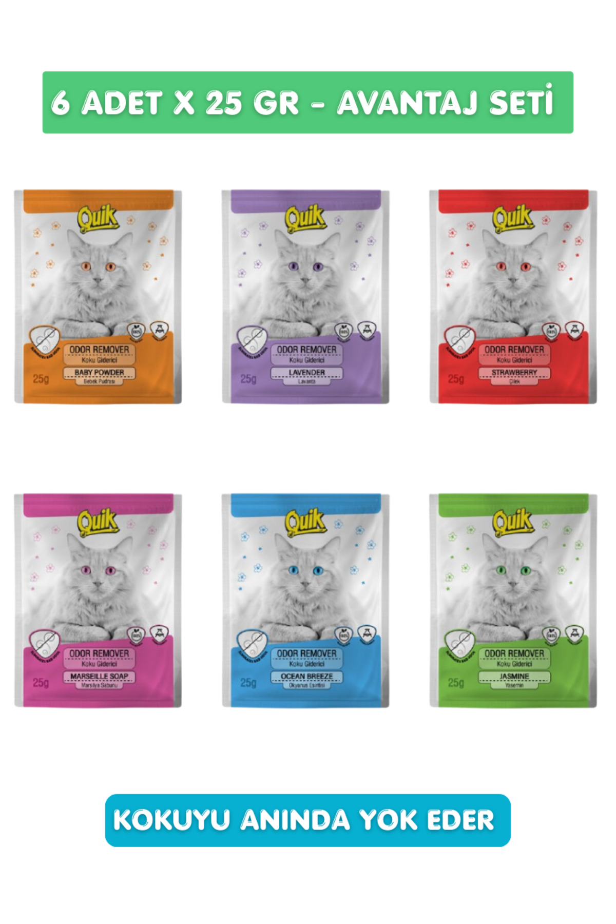 Quik 6lı Set - Kedi Kumu Koku Giderici Karışık Kokulu Hızlı ve Etkili Doğal 25gr x 6