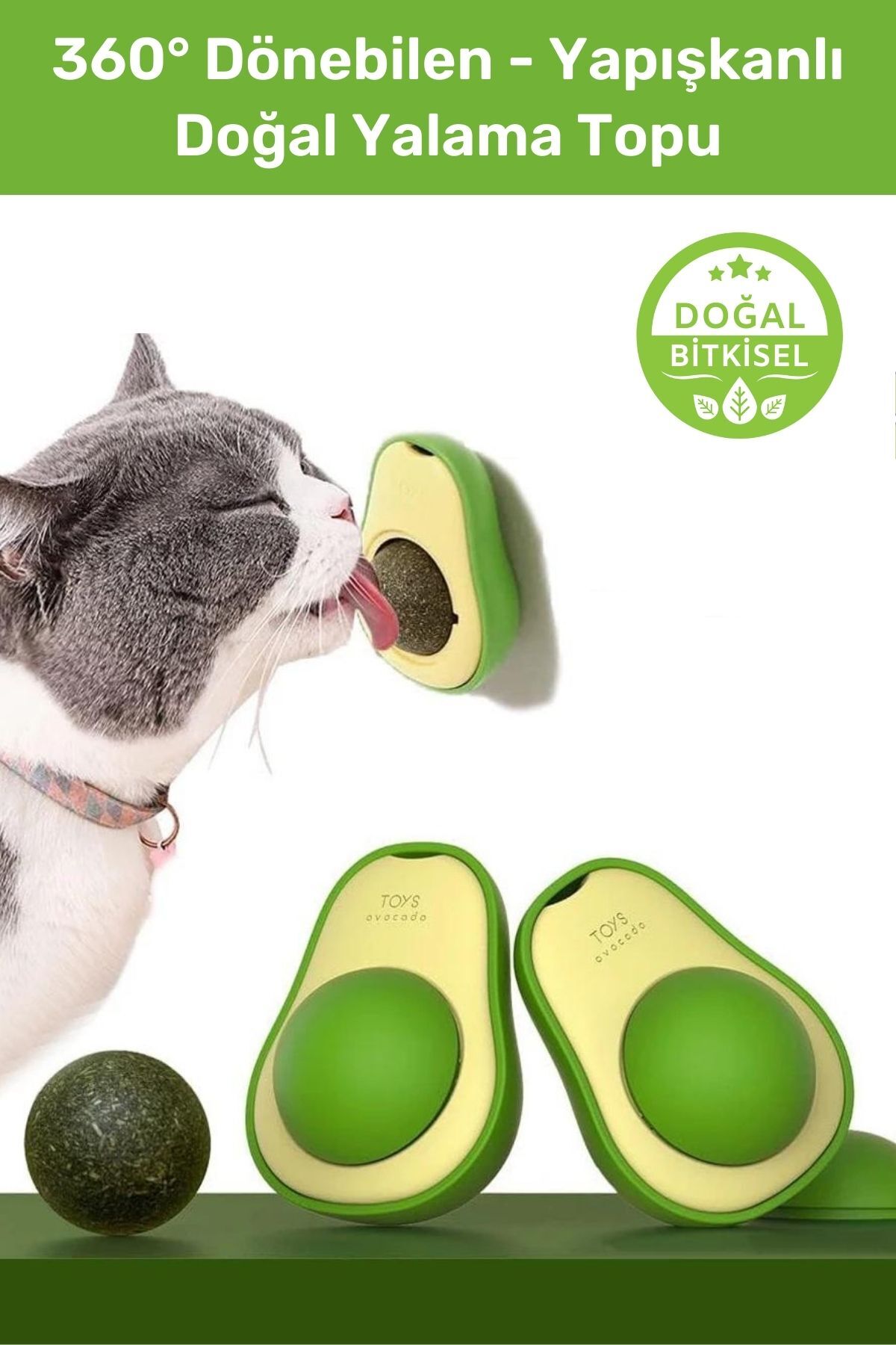 Vitexpert Doğal & Yenilebilir Kedi Nanesi Otu Avokado Kedi Çimi Özel Yapışkanlı 360° Dönen Catnip Yalama Topu
