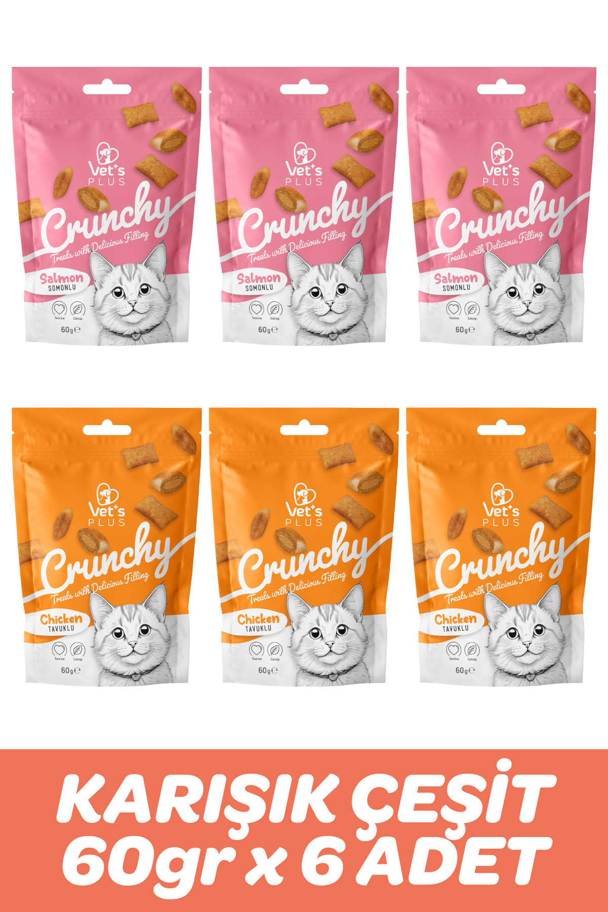 Vet's Plus Crunchy Karışık Kedi Ödülü 60gr (6 Adet) - Somonlu ve Tavuklu İçi Dolgulu Dışı Çıtır Kedi Ödül