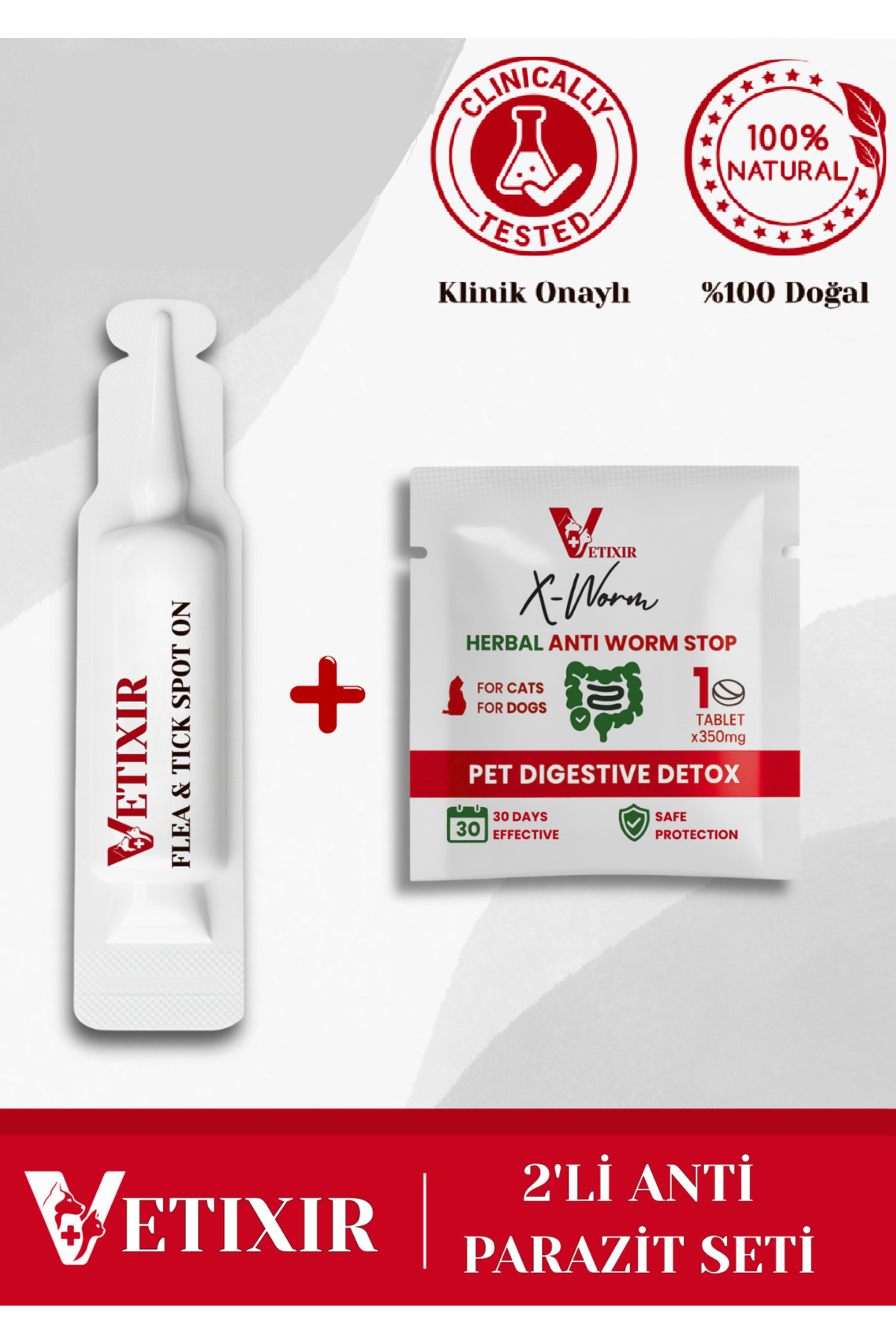 VETIXIR 2'li Set Kedi Ve Köpek İç Dış Anti Parazit Bitkisel 1 Damla Ve 1 Tablet Paketi