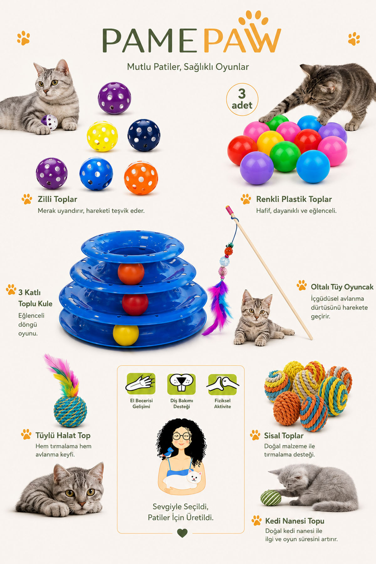 PAMEPAW 8'li Set: Sarma Topu+3'lü Renkli Top+oyun Topu Tüylü + Kedi Oltası+3 Katlı Oyuncak +çıngıraklı Top