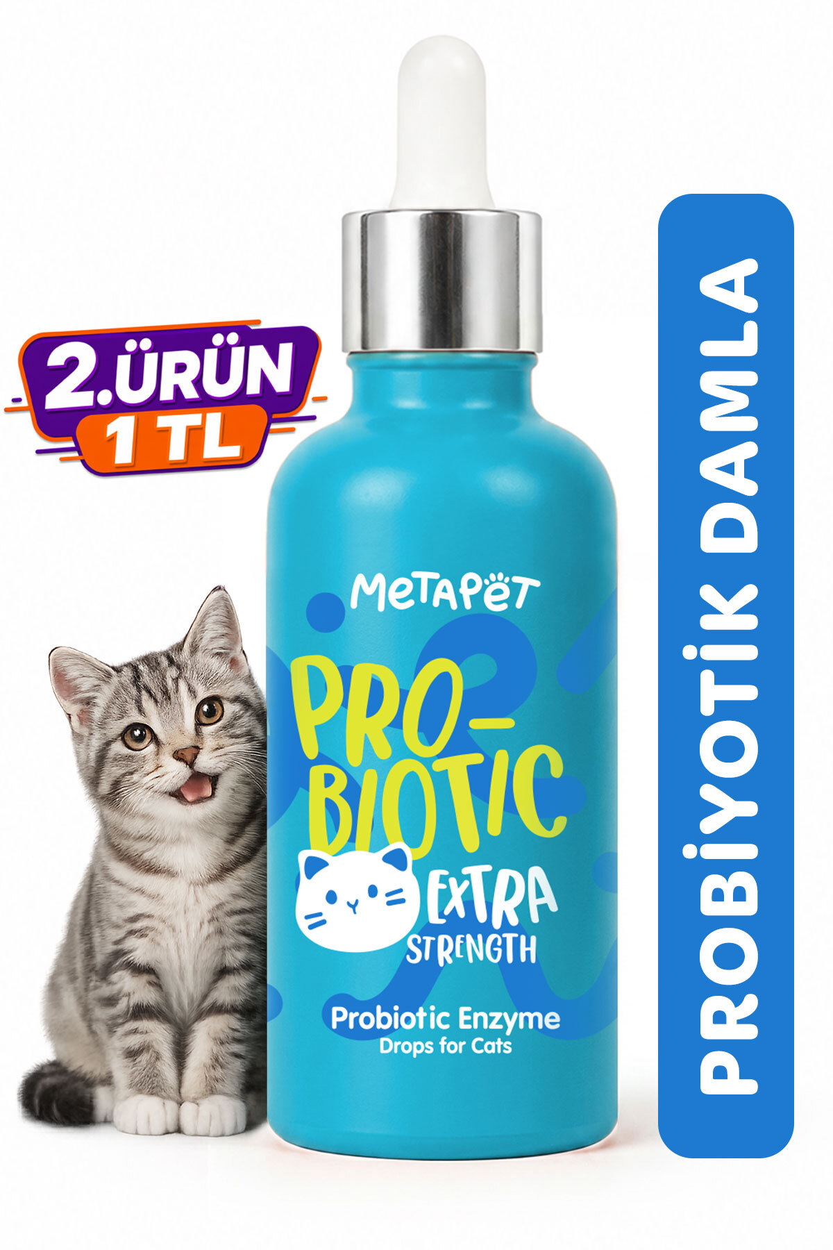 Metapet Kediler için Probiyotik Damla, Güçlü Sıvı Enzim Form, Suyuna veya Mamasına