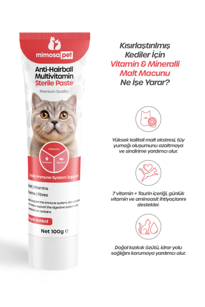Mimosa Pet Tüy Dökülme Engelleyici, Tüy Yumağı Ve Kusma Önleyici Multivitamin Kedi Malt Macun 100 gr - Görsel 3