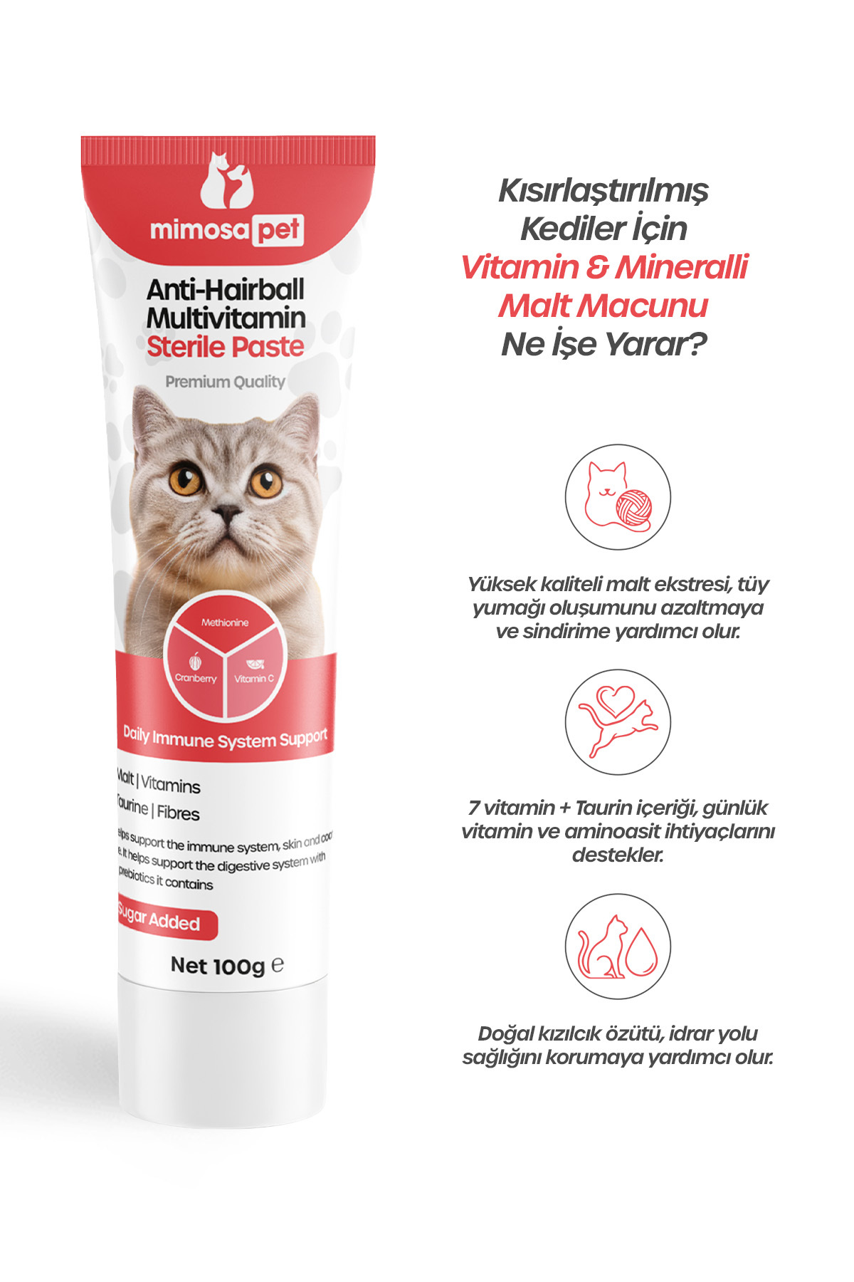 Mimosa Pet Tüy Dökülme Engelleyici, Tüy Yumağı Ve Kusma Önleyici Multivitamin Kedi Malt Macun 100 gr - Görsel 3
