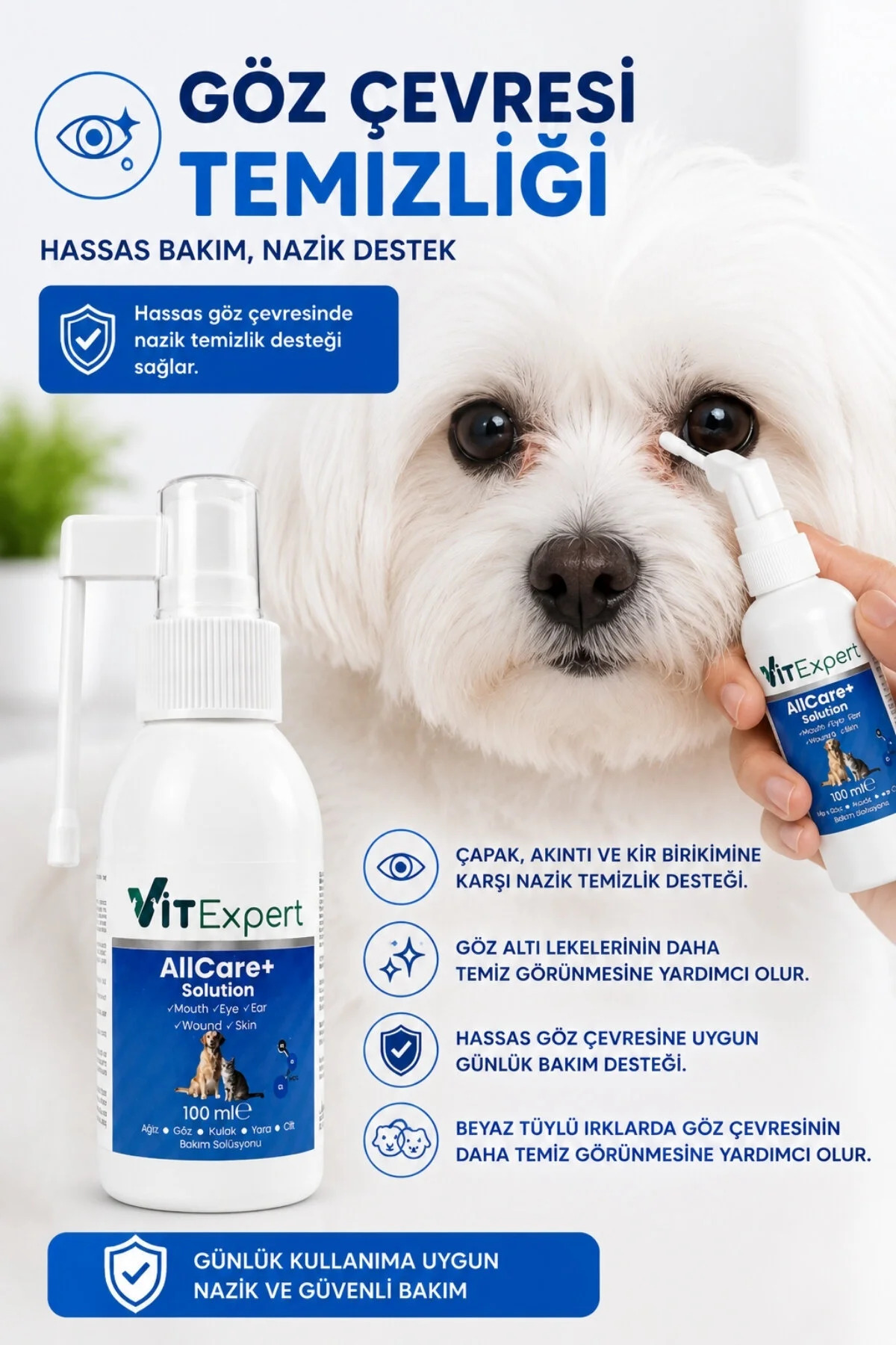 Vitexpert AllCare+ Hijyen Kedi & Köpek Kulak Ağız Göz Yüz Deri Yara Bakım Spreyi Temizleme Solüsyonu 100 ML - Görsel 3