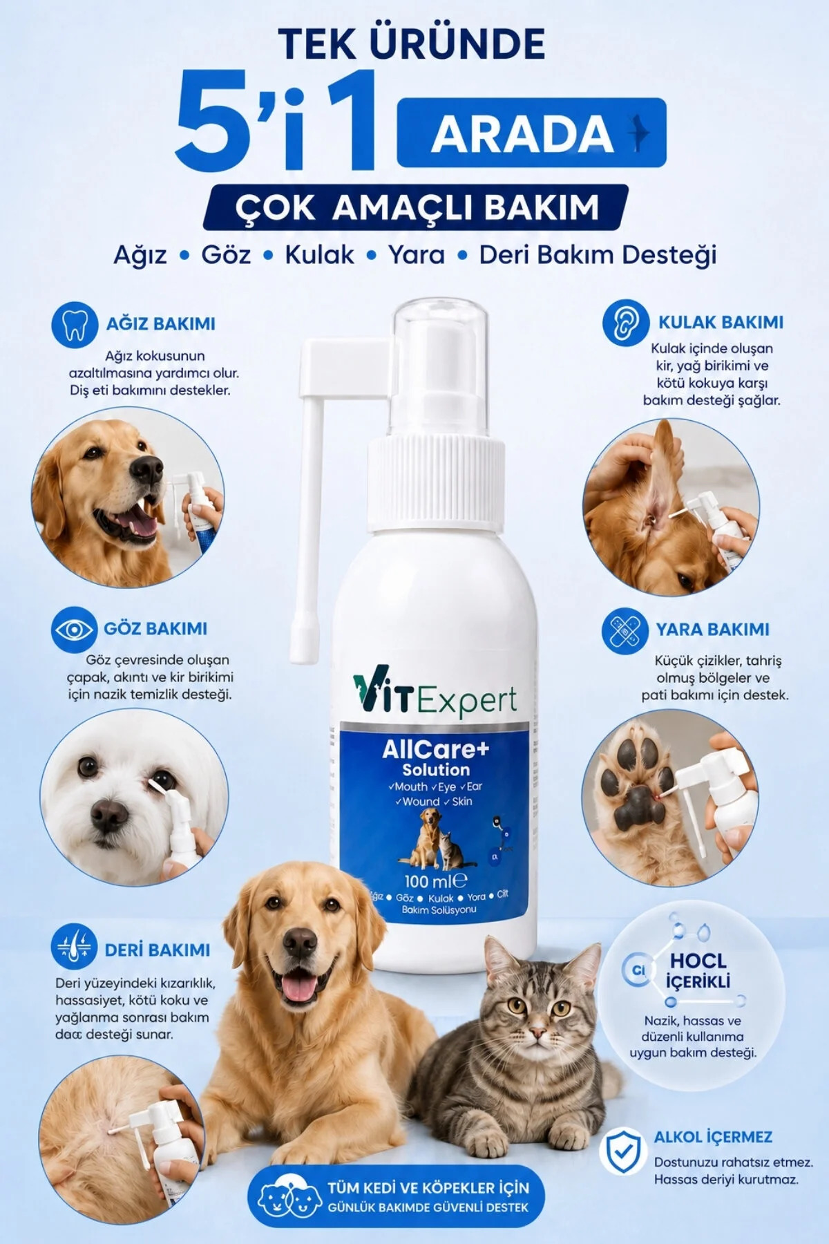 Vitexpert AllCare+ Hijyen Kedi & Köpek Kulak Ağız Göz Yüz Deri Yara Bakım Spreyi Temizleme Solüsyonu 100 ML