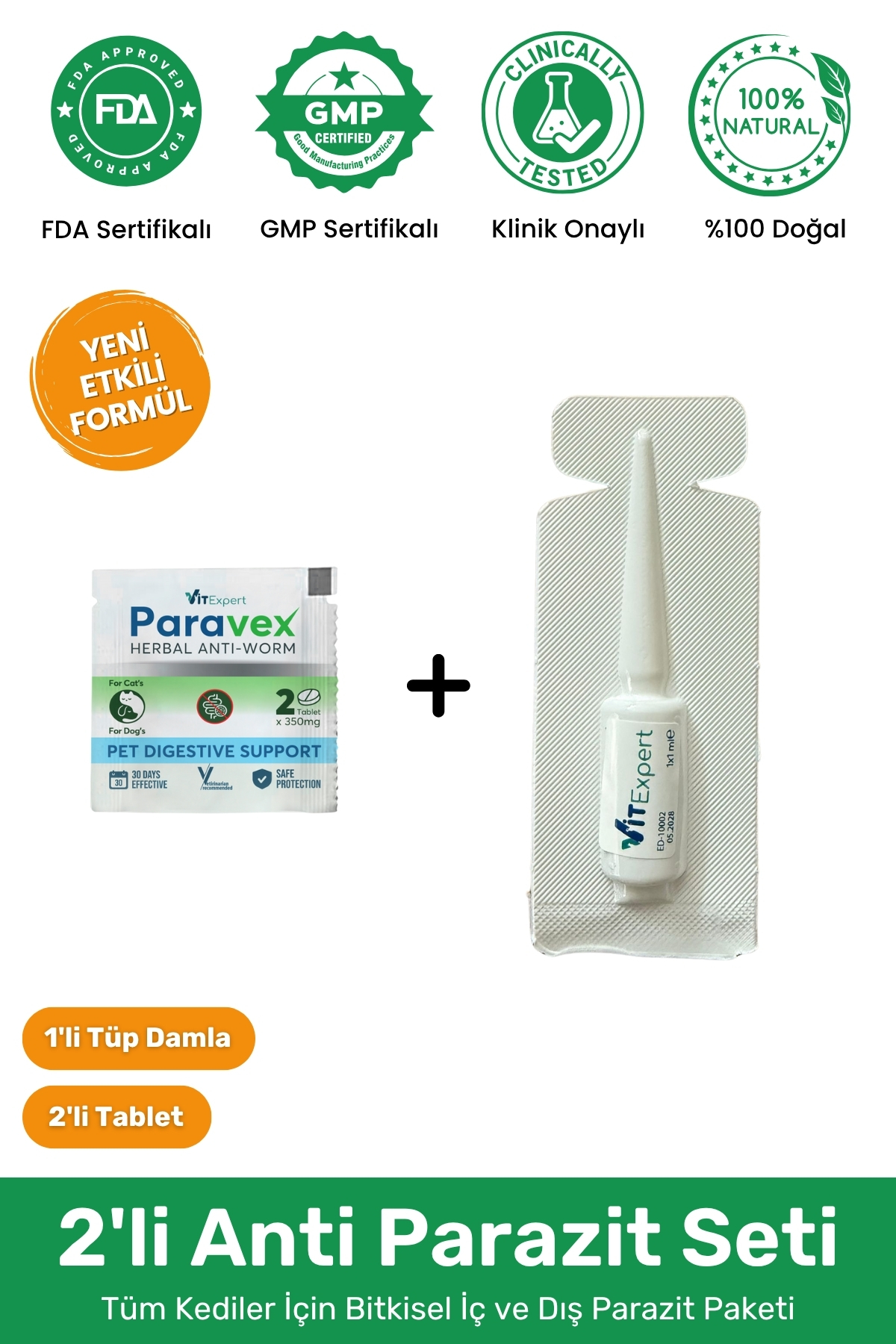 Vitexpert Fırsat Ürünü - 2'li Set Kedi Anti Parazit Tüm Kediler İçin Bitkisel 1 Damla Ve 1 Tablet Paketi
