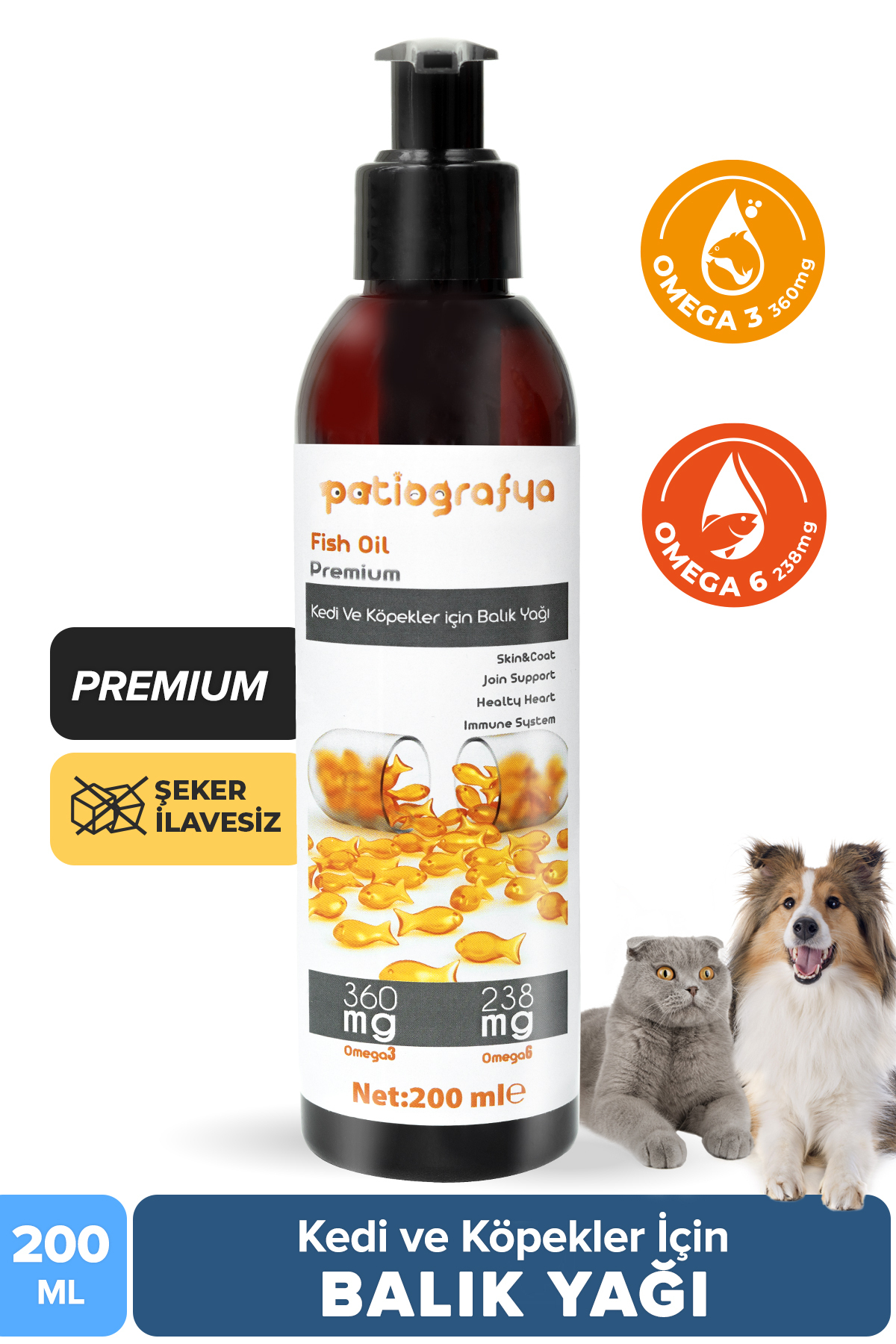 patiografya Premium Kedi Ve Köpek Için Omega 3 Ve 6 Içerikli Balık Yağı- Bağışıklık Sistemi Tüy Bakımı