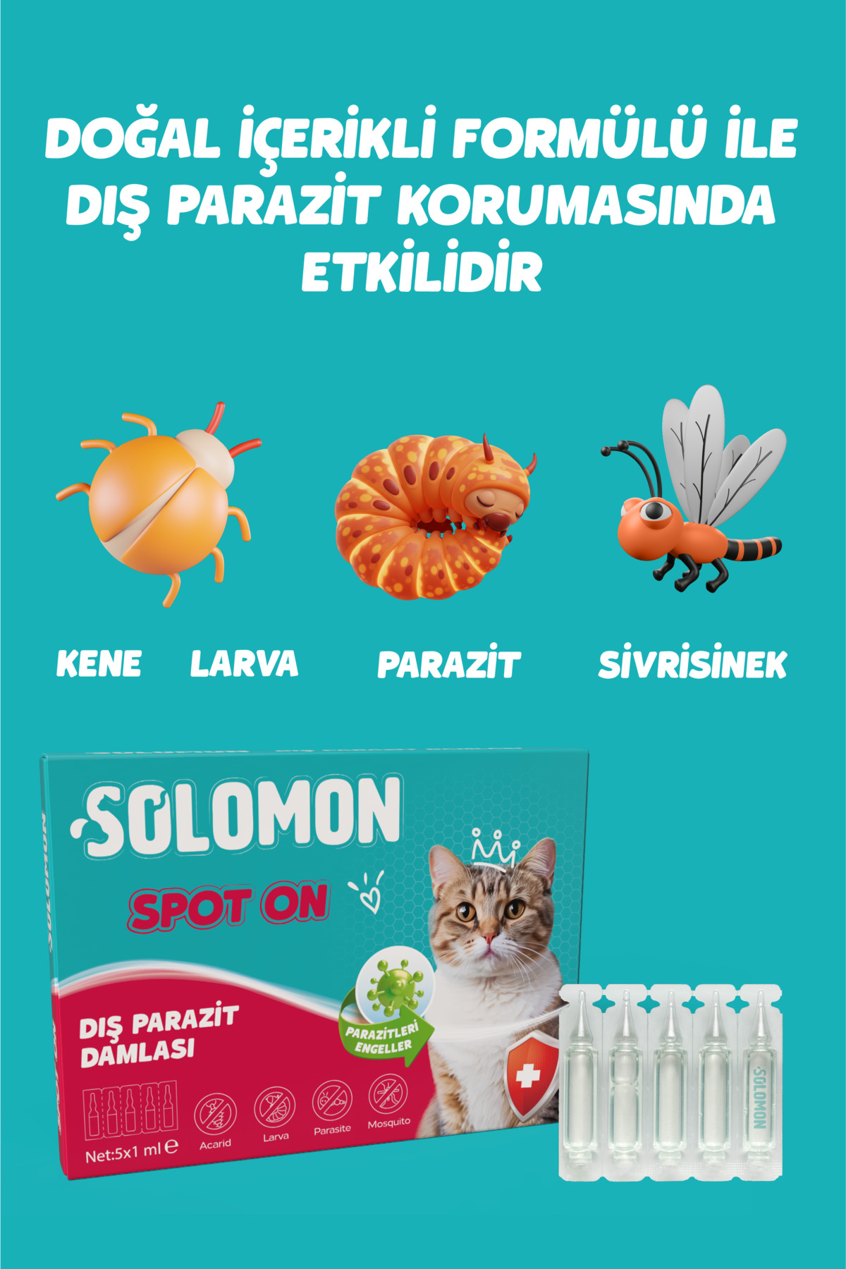 Solomon Kediler için Dış Parazit Ense Deri Damlası Pire Bit Kene Deri Bakımı Için Bitkisel Damla 5x1 ml - Görsel 3