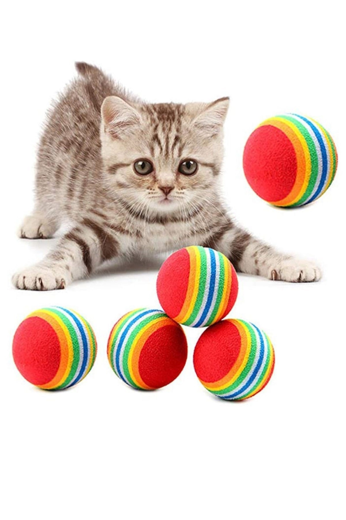 İndirimKap 3lü Gökkuşağı Sünger Kedi Köpek Çiğneme Oyun Topu 4,2 Cm Diş Çıkarma Interaktif Oyuncak