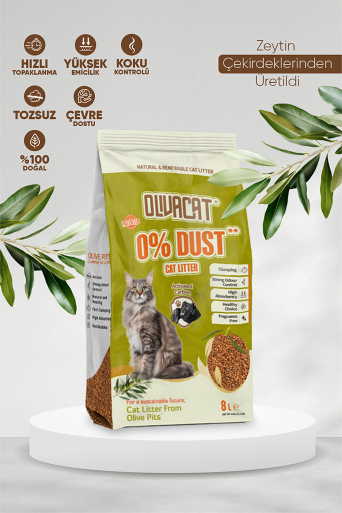 Olivacat Zeytin Çekirdeğinden Üretilen Aktif Karbonlu Tozsuz Doğal Kedi Kumu 8 L