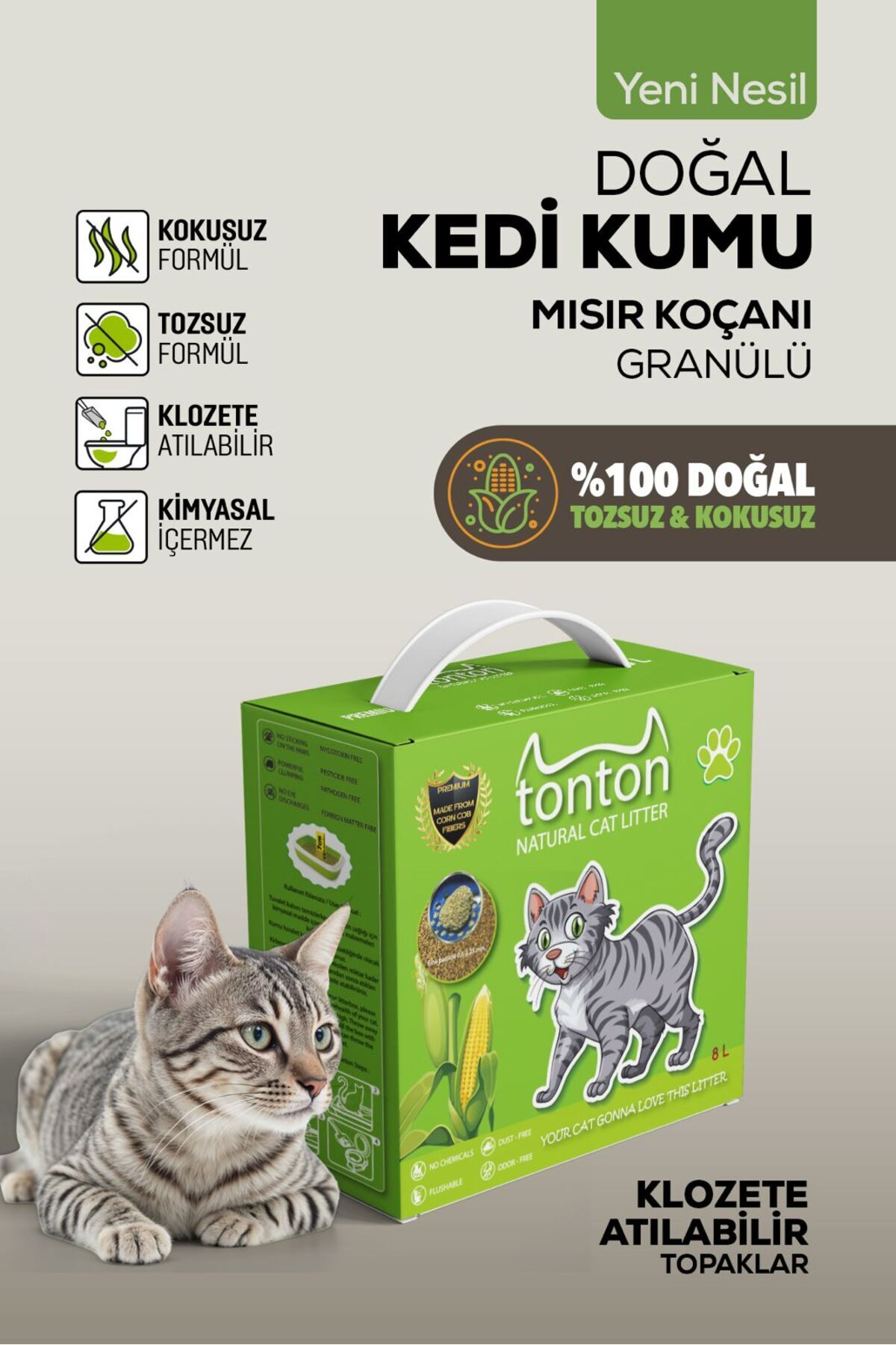 Tonton Mısır Koçanı Granülü Topaklaşan Doğal Kedi Kumu 8 Lt
