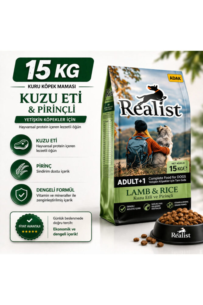 REALİSTDOG Realist Kuzu Etli Pirinçli Yetişkin Köpek Maması 15 KG + 2 Adet ADAK Sığır Etli Konserve Hediye - Görsel 2