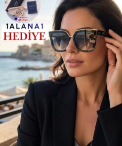 Lozzo Kadın UV400 Siyah Gold Aksesuar Oversize Güneş Gözlüğü 23016 C2