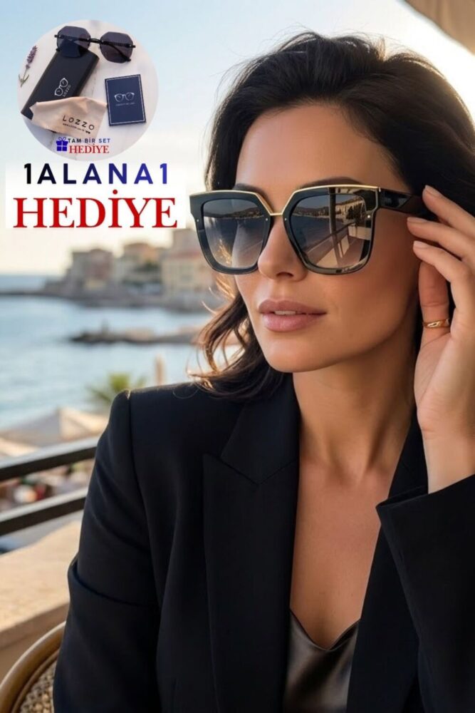 Lozzo Kadın UV400 Siyah Gold Aksesuar Oversize Güneş Gözlüğü 23016 C2