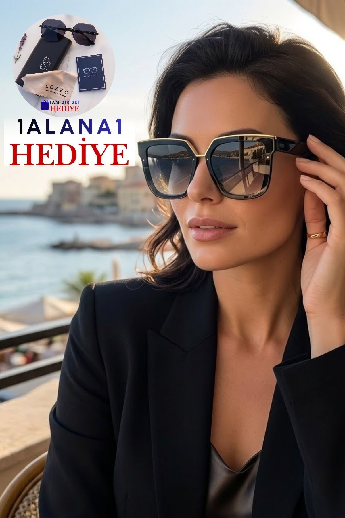 Lozzo Kadın UV400 Siyah Gold Aksesuar Oversize Güneş Gözlüğü 23016 C2