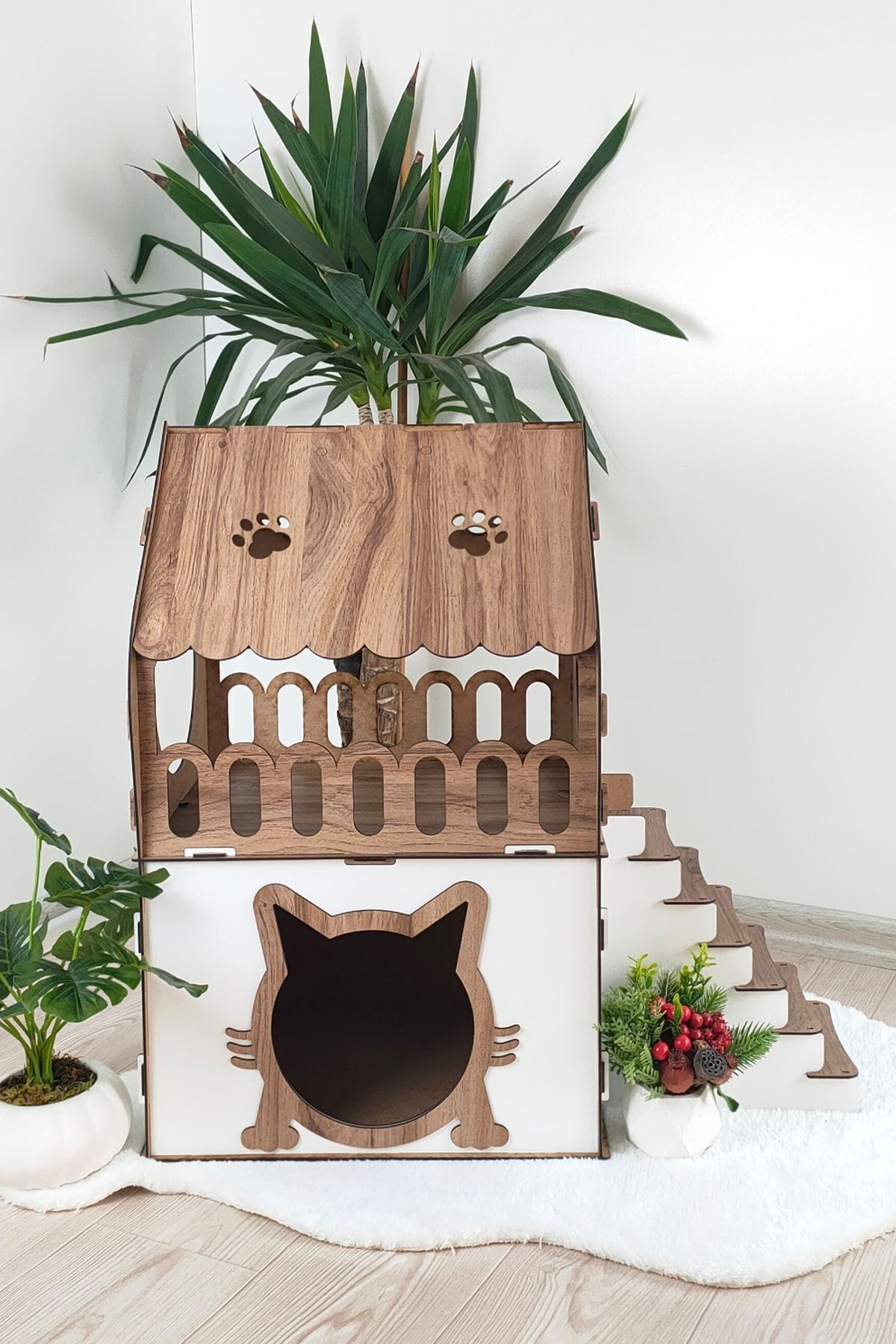 Genel Markalar Teraslı Kedi Evi 2 katlı dubleks kedi evi kedi yatağı kedi kafesi - Görsel 3