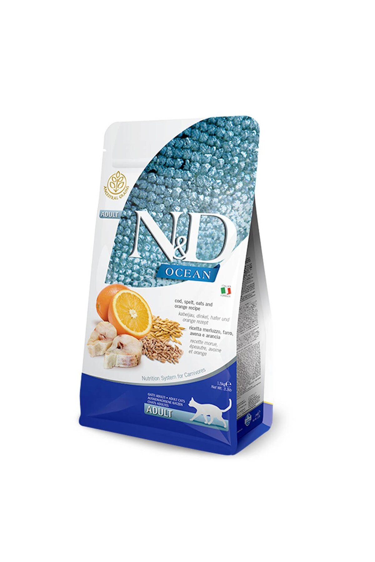 N & D Ocean Az Tahıllı Morina Balıklı&Portakallı Yetişkin Kedi Maması 1,5 Kg
