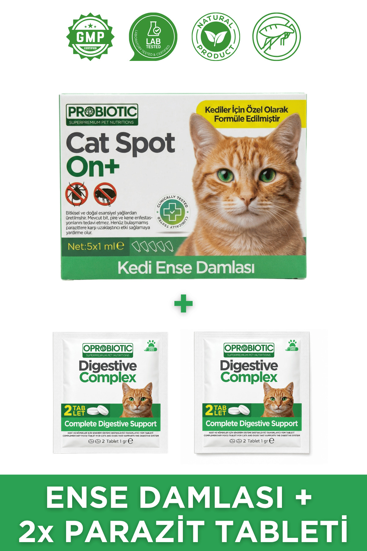 Oprobiotic Parazit Seti Kedi İç Dış Parazit Tüm Kediler Için Bitkisel Kedi Ense Deri Damlası ve 2 Paket Parazit Destek Tableti