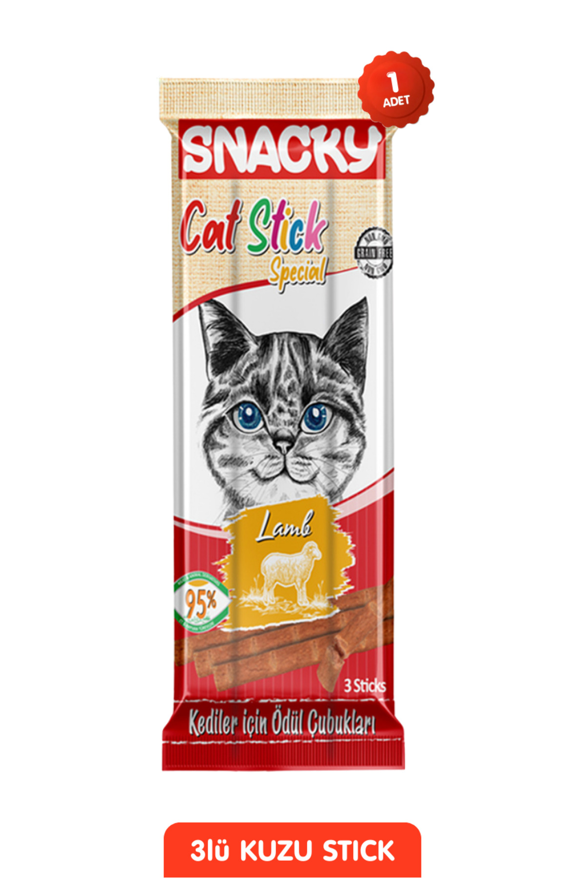Snacky Yüksek Proteinli ve Gerçek Etli Stick Kedi Ödülü Kuzulu 3*5 gr