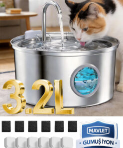 MAVLET 3.2L Paslanmaz Çelik Otomatik Evcil Hayvan Su Sebili + 6 Filtre Seti (USB Girişli, Adaptör İçermez)