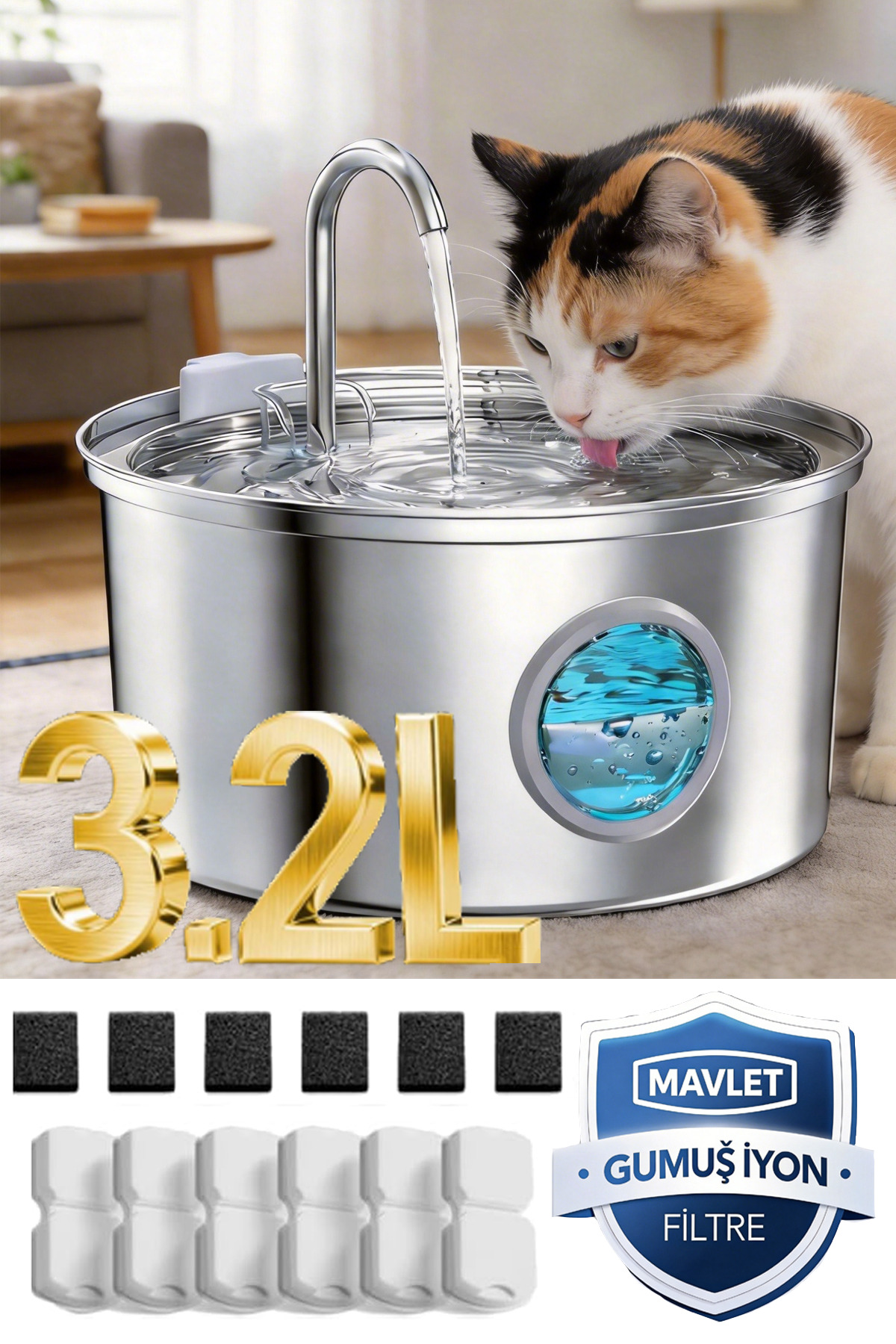 MAVLET 3.2L Paslanmaz Çelik Otomatik Evcil Hayvan Su Sebili + 6 Filtre Seti (USB Girişli, Adaptör İçermez)