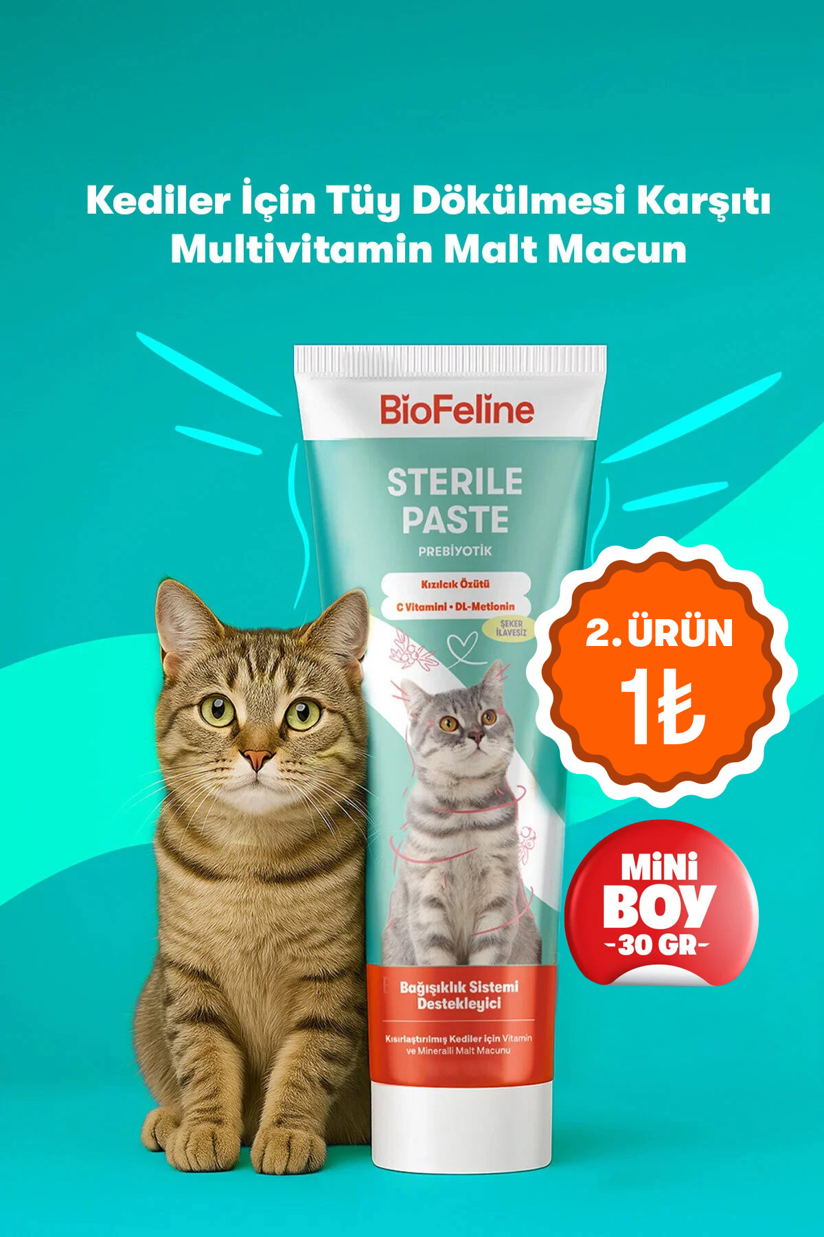 BioFeline Tüy ve Sindirim Hassasiyeti Azaltıcı Kısır Kediler İçin Multivitamin Malt Macunu 30 g | Deneme Boy