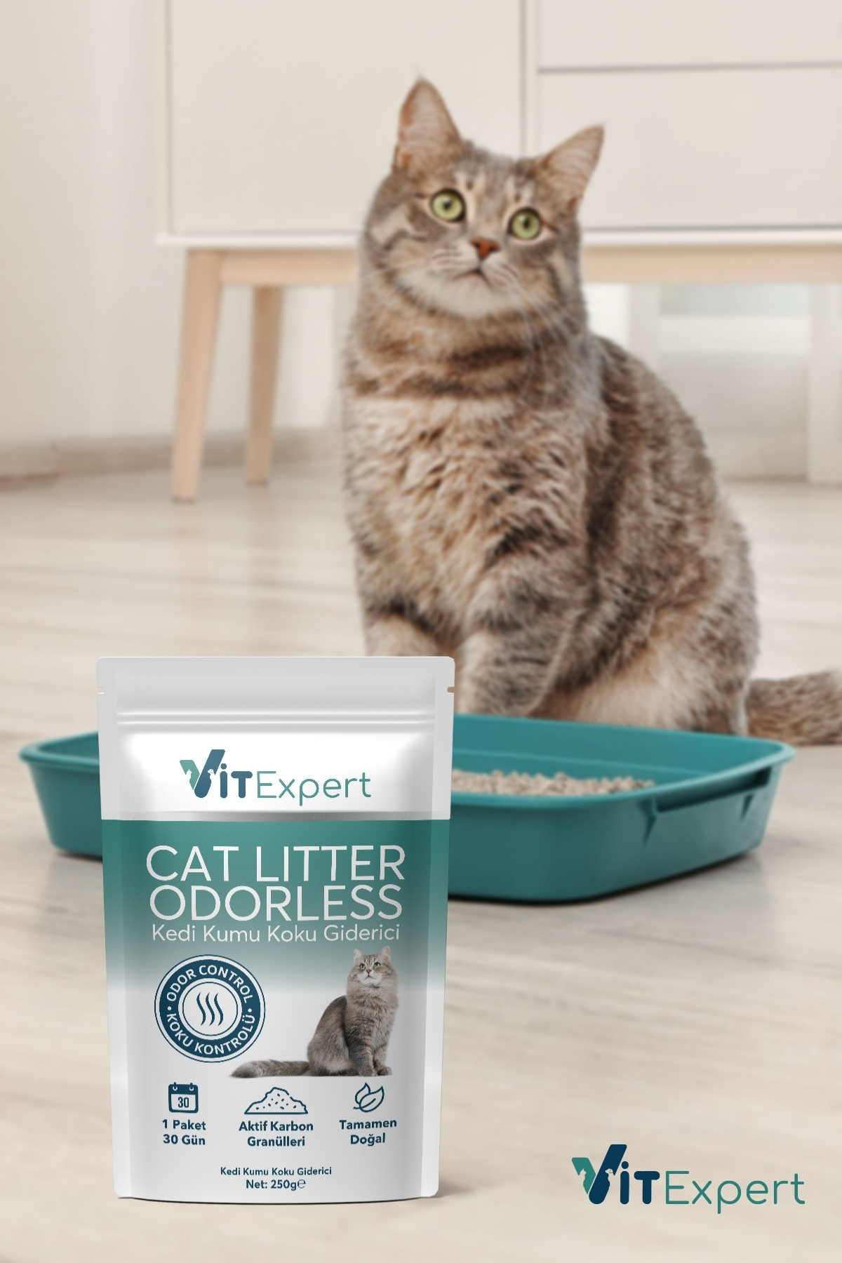Vitexpert Active Carbon Premium Kedi Kumu Koku Giderici Doğal Aktif Karbonlu Granül 30 Günlük Paket 250 gr - Görsel 3