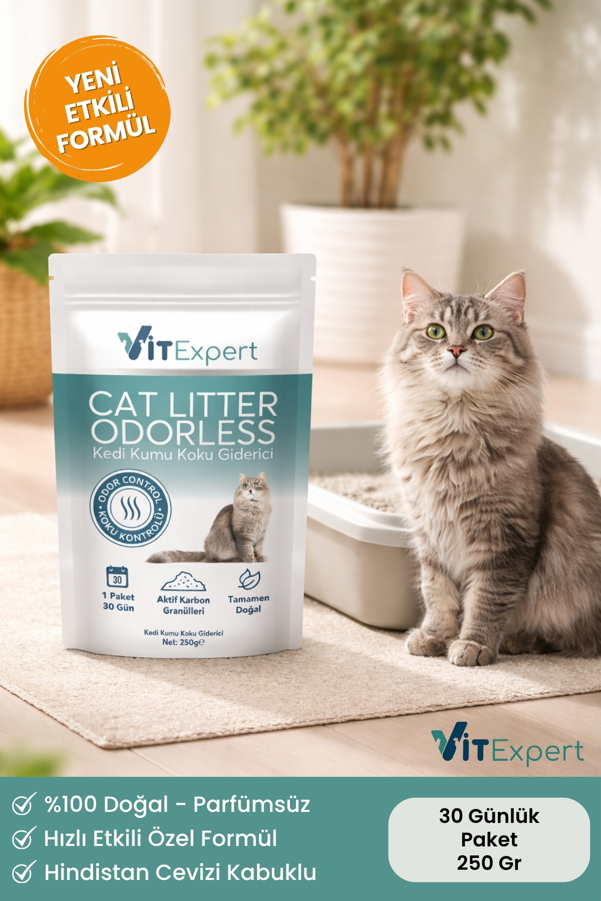 Vitexpert Active Carbon Premium Kedi Kumu Koku Giderici Doğal Aktif Karbonlu Granül 30 Günlük Paket 250 gr