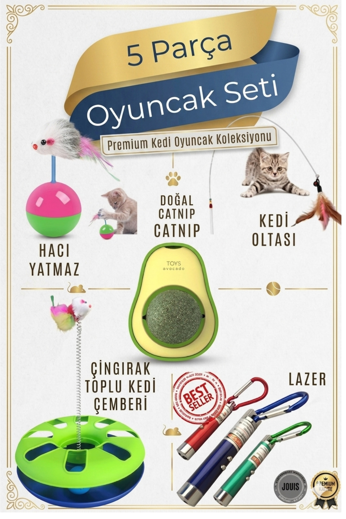 ego home 5 Parça Kedi Oyuncak Seti Oyun-Eğlence Seti Kedi Oyun Seti Çember-Lazer-Hacı Yatmaz-Catnip-Olta