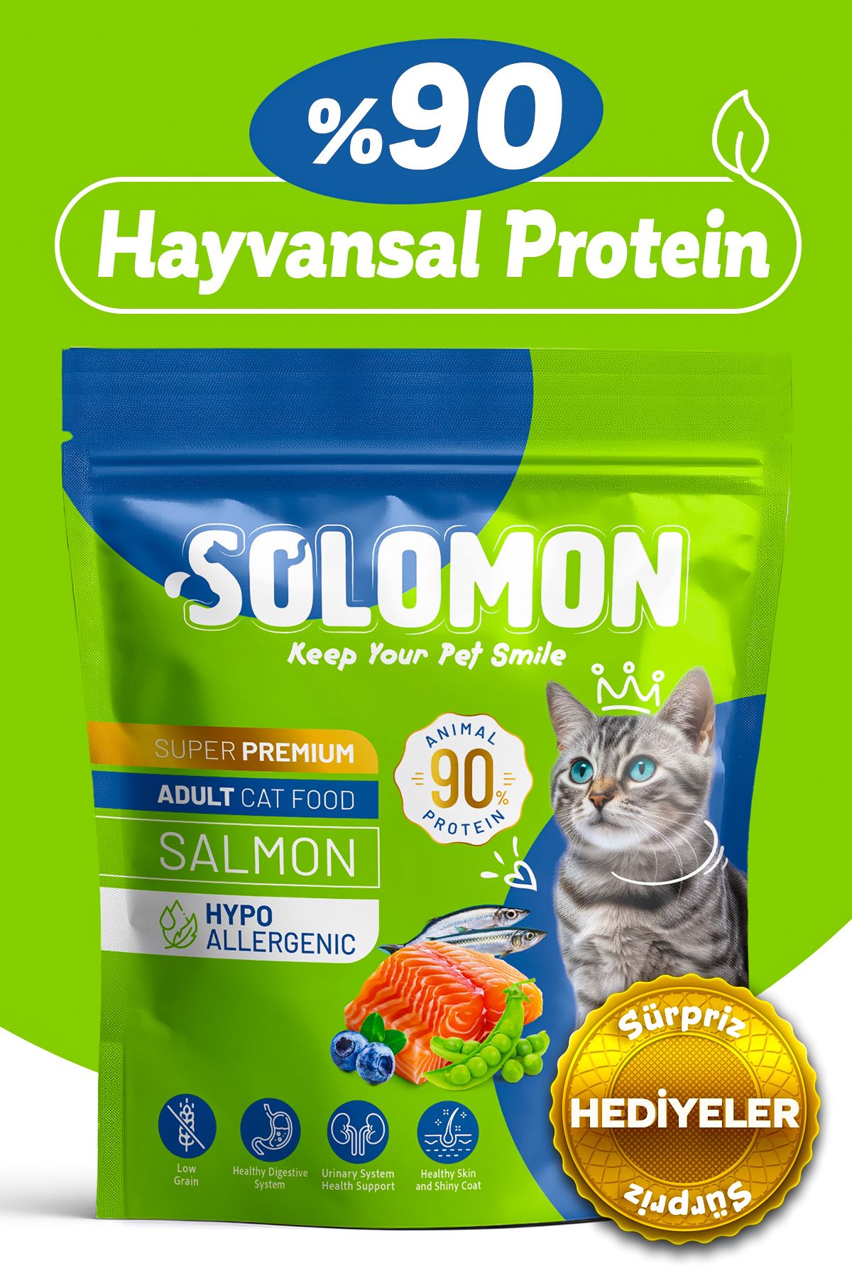 Solomon Yetişkin Somon'lu Süper Premium Kedi Maması 1,5 Kg - Hipoalerjenik - Düşük Tahıllı