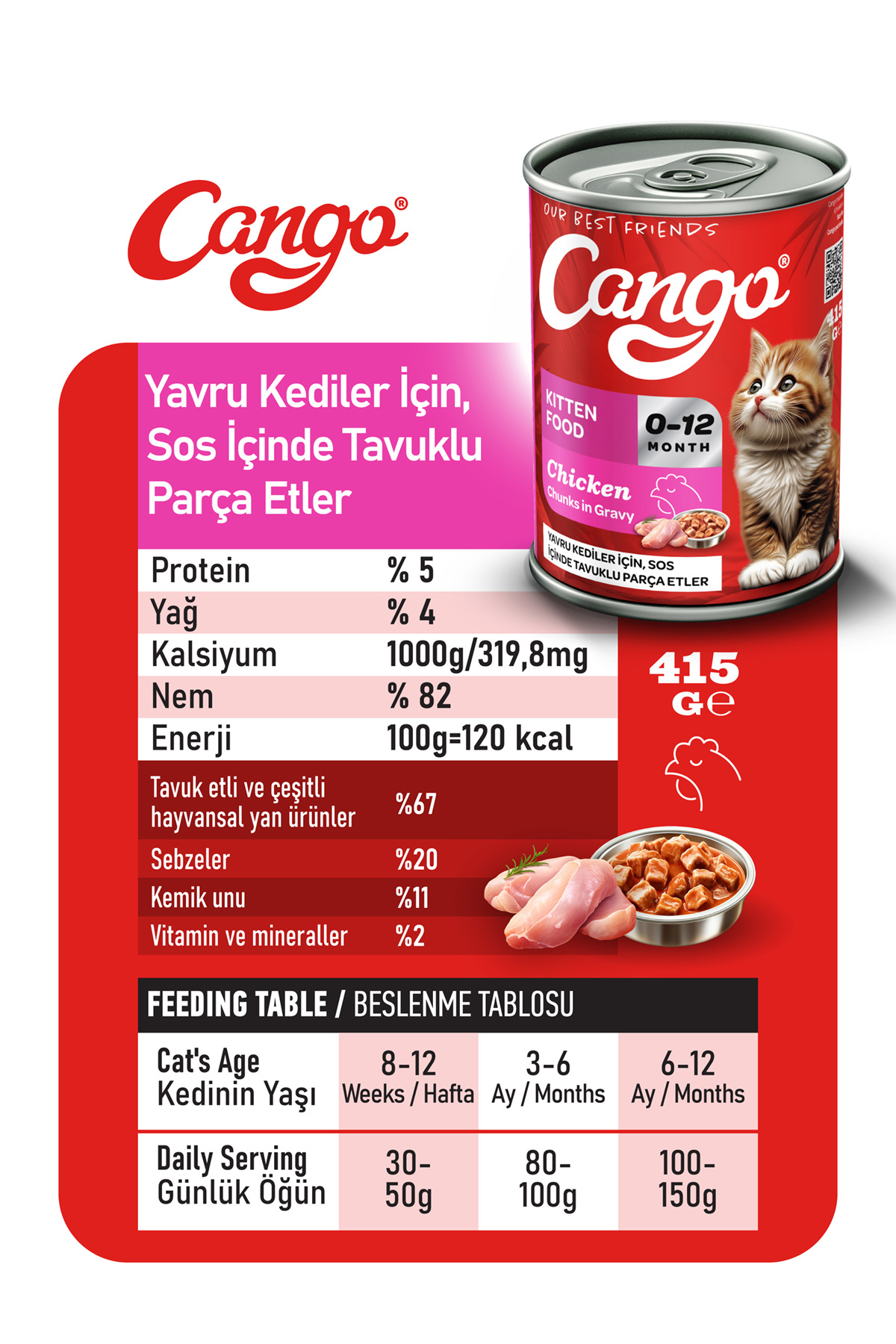 Cango Yavru Yaş Kedi Maması Tavuklu 415Gr 24Lü - Görsel 3
