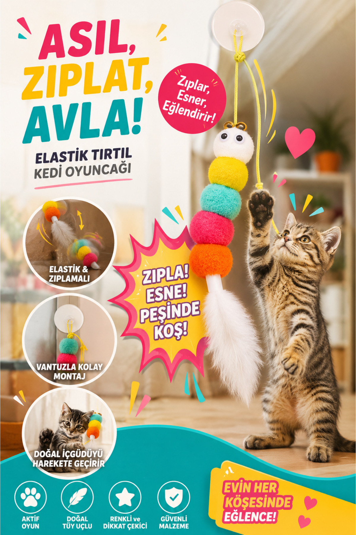 ego home Çıngıraklı Kedi Oyuncağı Yapışkanlı Kedi Oyun Oltası Renkli Ponponlu Tırtıl Oyuncak Zıplayan Top