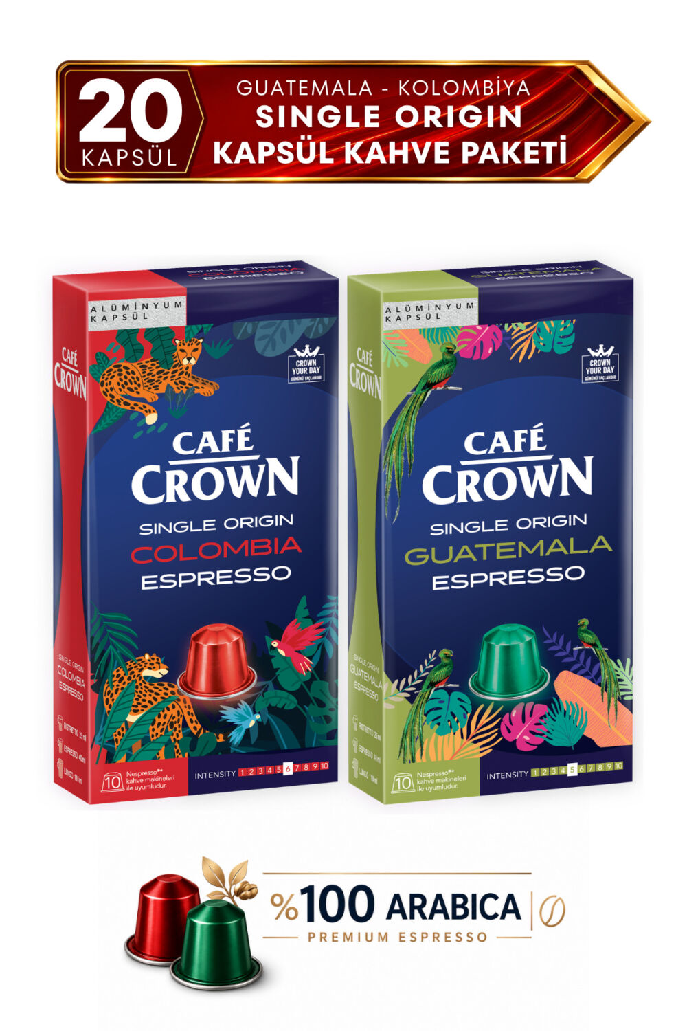 Cafe Crown 20'li Single Origin Espresso Kapsül Kahve Tanışma Paketi Guatemala + Kolombiya ( Nespresso Uyumlu Alüminyum Kapsül Kahve)