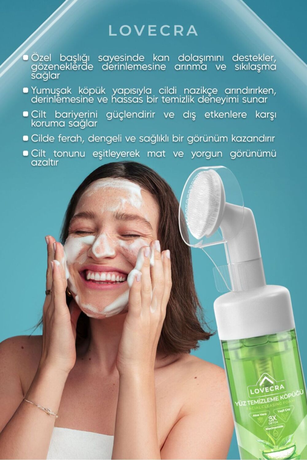 LOVECRA Aloe Vera Yüz Temizleme Köpüğü Gözenek Arındırıcı Derinlemesine Temizlik Canlılık 150 ml - Görsel 2