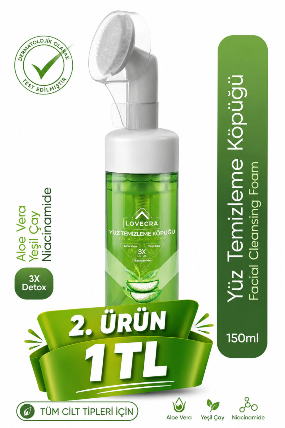 LOVECRA Aloe Vera Yüz Temizleme Köpüğü Gözenek Arındırıcı Derinlemesine Temizlik Canlılık 150 ml