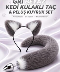 Lolita Shop Tüylü Anal Tıkaç + Kedi Kulaklı Taç Pelüş Anal Plug Kuyruk Tıkaç Gri Beyaz Plug Fantezi Set