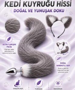 Alternative view of Lolita Shop Tüylü Anal Tıkaç + Kedi Kulaklı Taç Pelüş Anal Plug Kuyruk Tıkaç Gri Beyaz Plug Fantezi Set