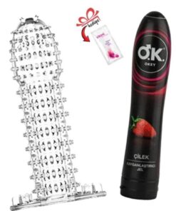 Velora Shopping Tırtıklı Şeffaf yıka kullan Prezervatif Kılıf-Çilek Aromalı Kayganlaştırıcı Jel+Hijyen Mendili