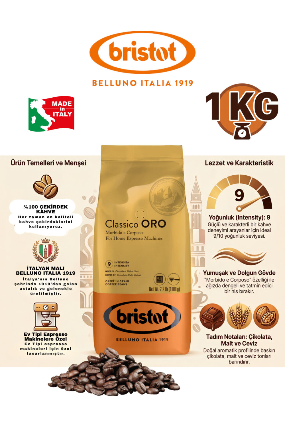 Bristot Classico Oro 1 Kg Çekirdek Kahve - Görsel 2