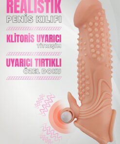 Lolita Shop Uzatmalı Uyarıcı Tırtıklı Titreşimli 3 Cm Dolgulu 19 Cm Testis Tutacaklı Realistik Penis Kılıfı