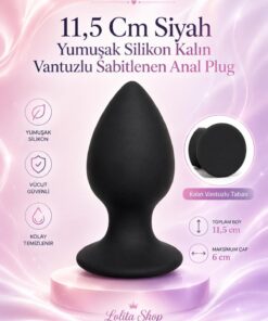 Lolita Shop Siyah Silikon Soft Dokuda Güçlü Vantuzlu Kalın 11,5 Cm Anal Alıştırıcı Genişletici Açıcı Plug Tıkaç
