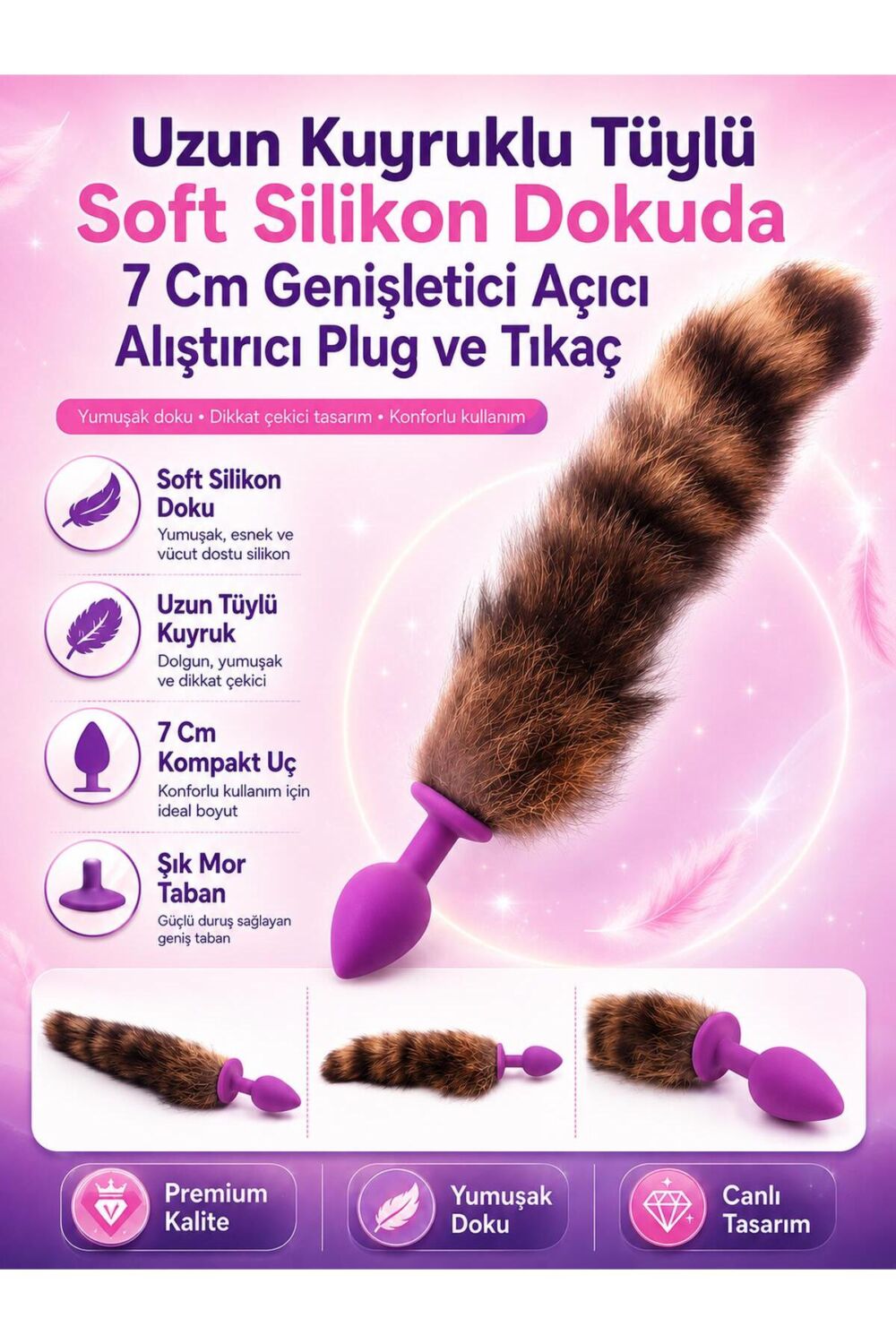 Lolita Shop Uzun Kuyruklu Tüylü Soft Silikon Dokuda 7 Cm Anal Genişletici Açıcı Alıştırıcı Anal Plug ve Tıkaç