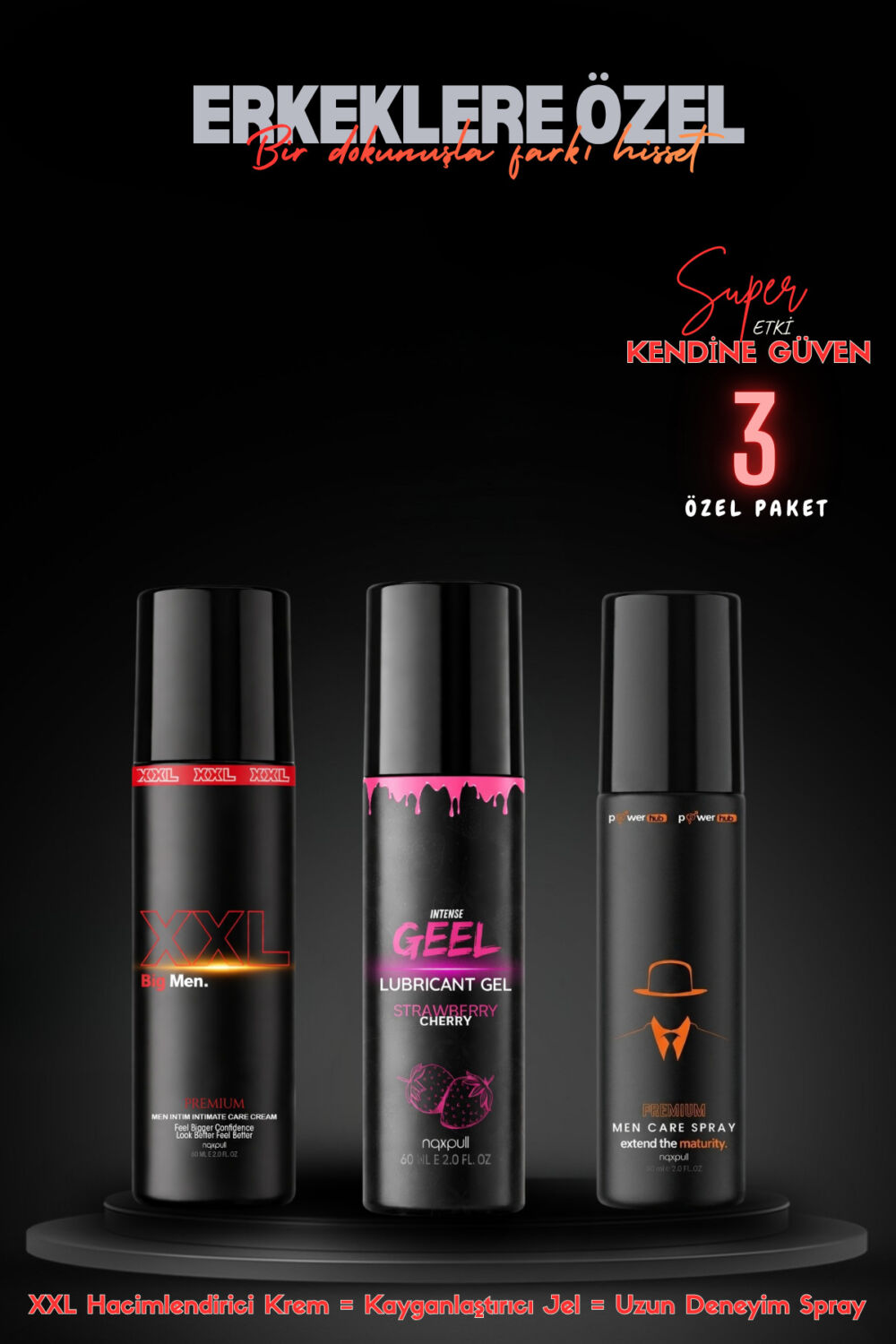 NQX PULL XXL BigMen Premium + Yogun Kayganlaştırıcı Su Bazlı Jel + PowerHub Erkekler İçin Uzun Deneyim Özel Sprey 3lü Set