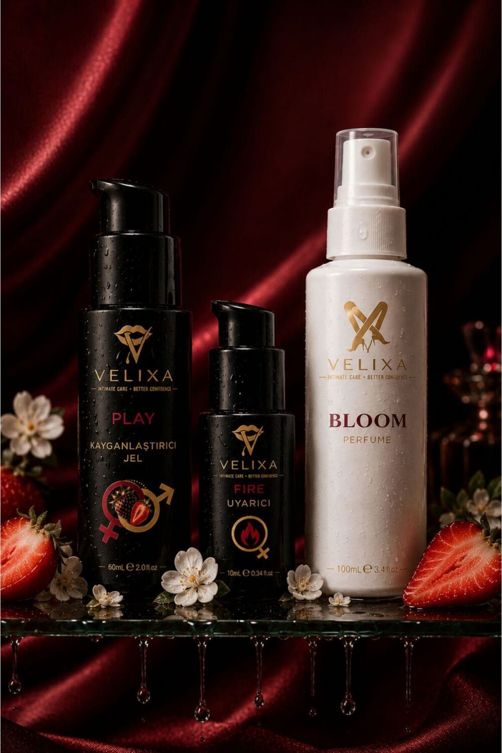 VELIXA 3’lü Set – Çilekli Kayganlaştırıcı Jel, Kadın Uyarıcı Jel & Genital Parfüm